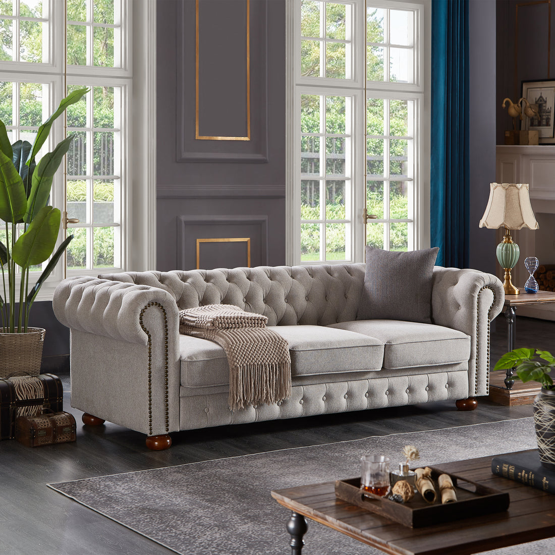 Chesterfield Sofa In Linen Fabric Light Grey Light Grey Foam Fabric