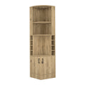 Syrah Corner Bar Cabinet, Eight Bottle Cubbies, Double Door, Two Open Shelves Old Pine Particle Board