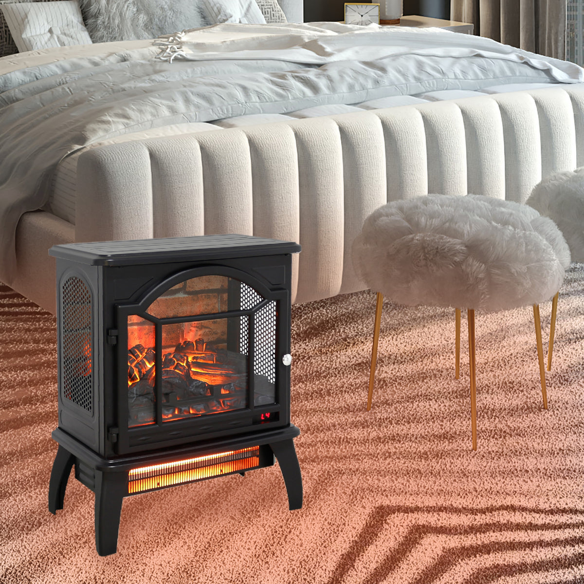 18 Inch 3D Flame Electric Infrared Quartz Fireplace Stove With Remote Control Powder Coated Electric Yes Antique Black Vent Free Yes Freestanding Tempered Glass Sheet Metal Electric