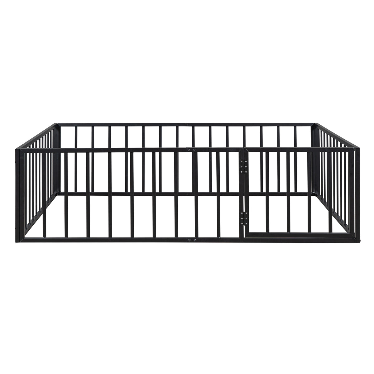 Full Size Metal Floor Bed Frame With Fence And Door, Black Black Metal