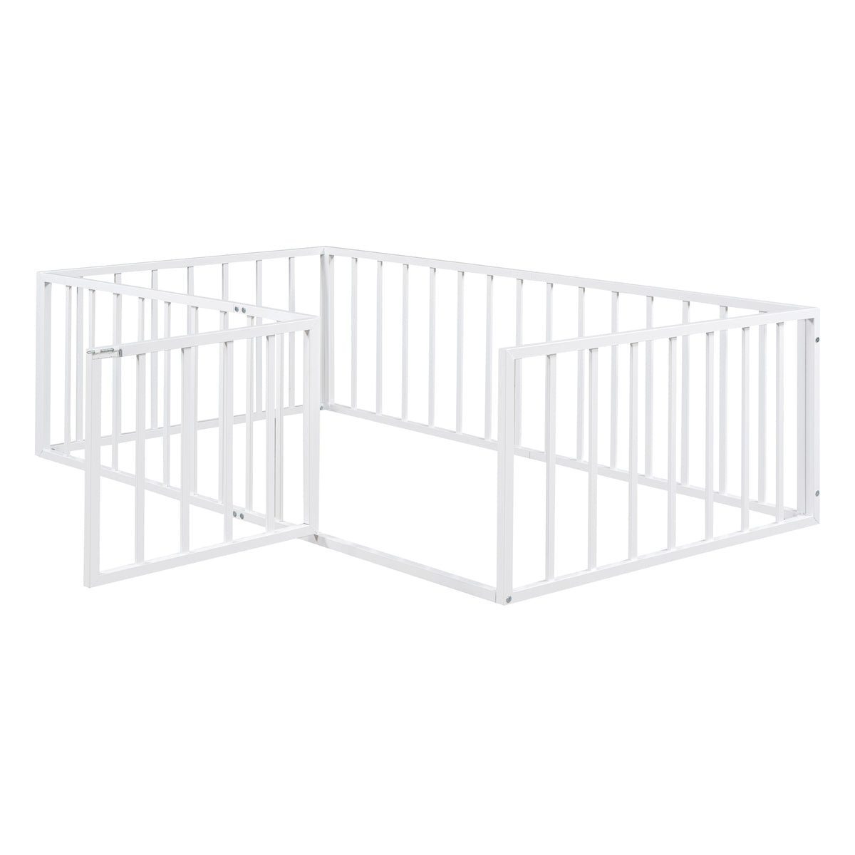 Twin Size Metal Floor Bed Frame With Fence And Door, White White Metal