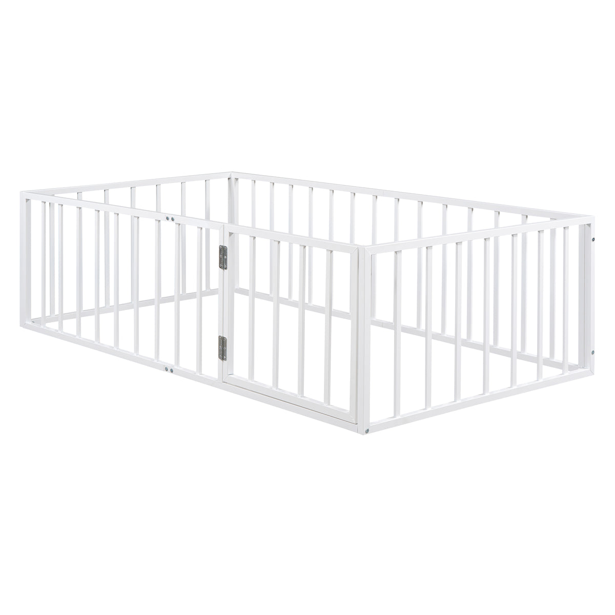 Twin Size Metal Floor Bed Frame With Fence And Door, White White Metal