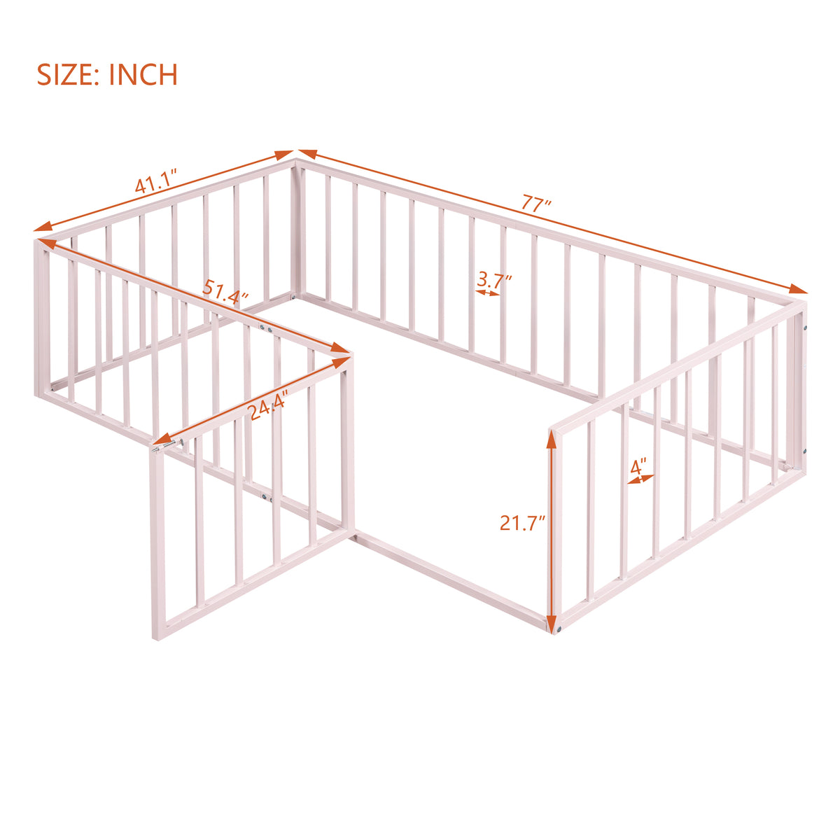 Twin Size Metal Floor Bed Frame With Fence And Door, Pink Pink Metal