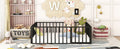 Full Size Metal Floor Bed Frame With Fence And Door, Black Black Metal