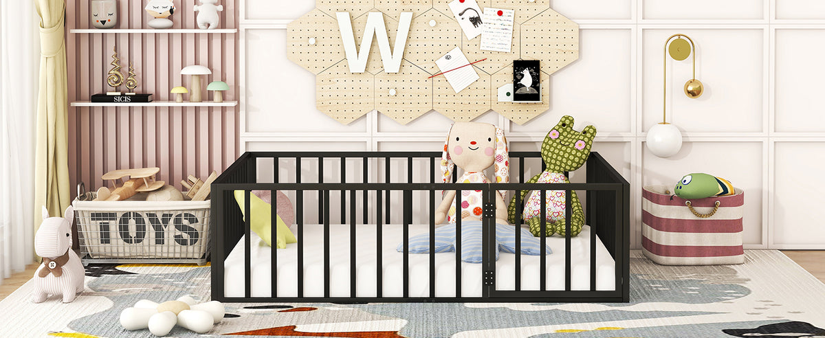 Full Size Metal Floor Bed Frame With Fence And Door, Black Black Metal