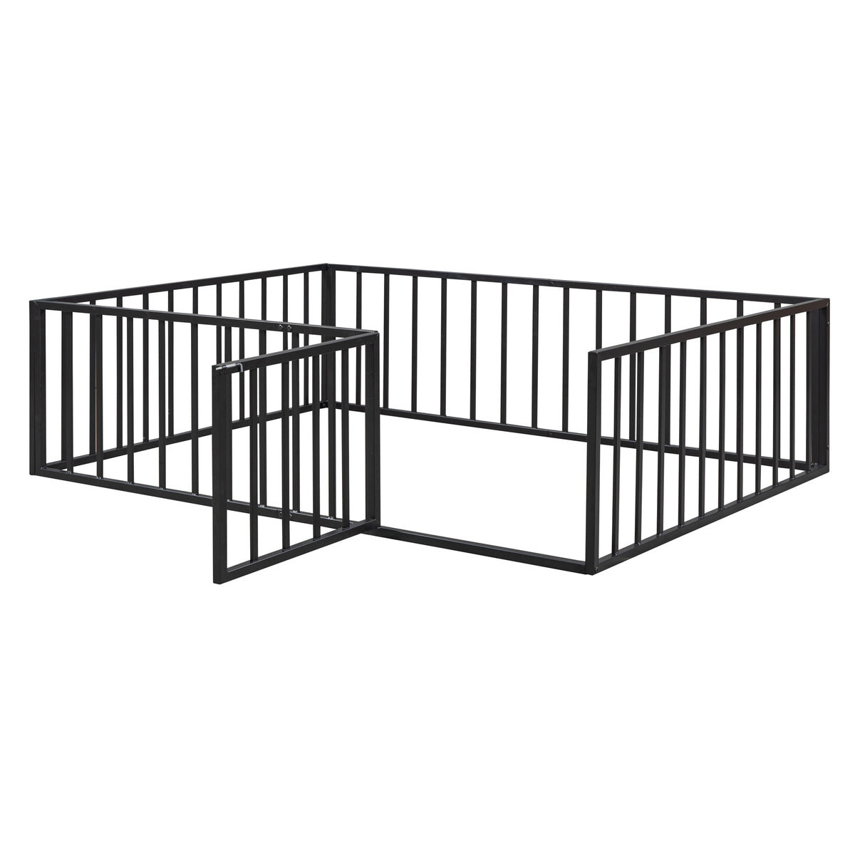Full Size Metal Floor Bed Frame With Fence And Door, Black Black Metal