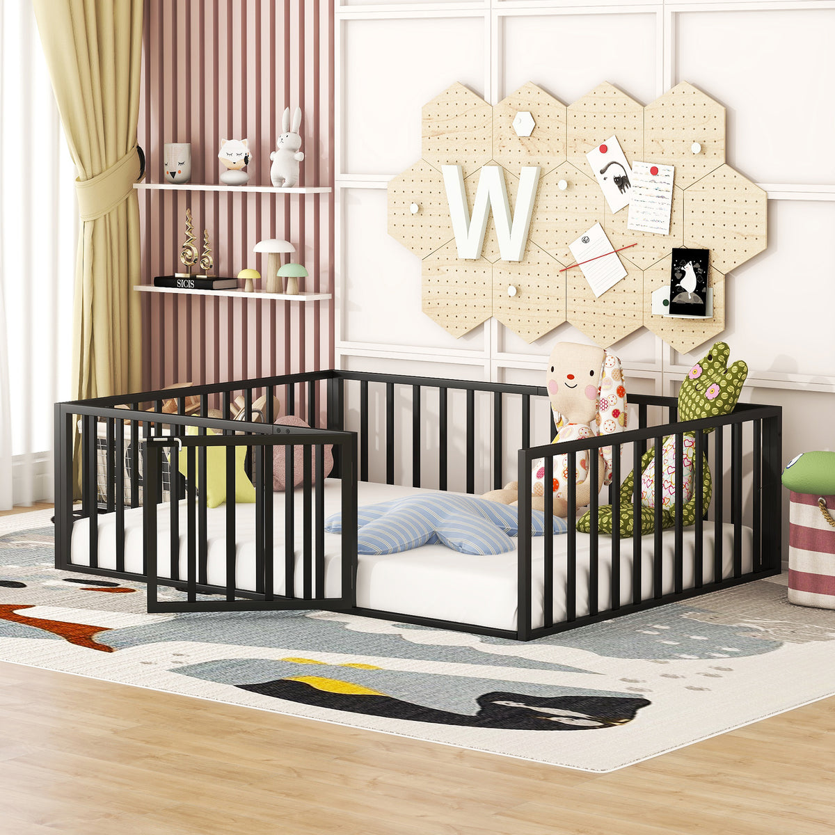 Full Size Metal Floor Bed Frame With Fence And Door, Black Black Metal