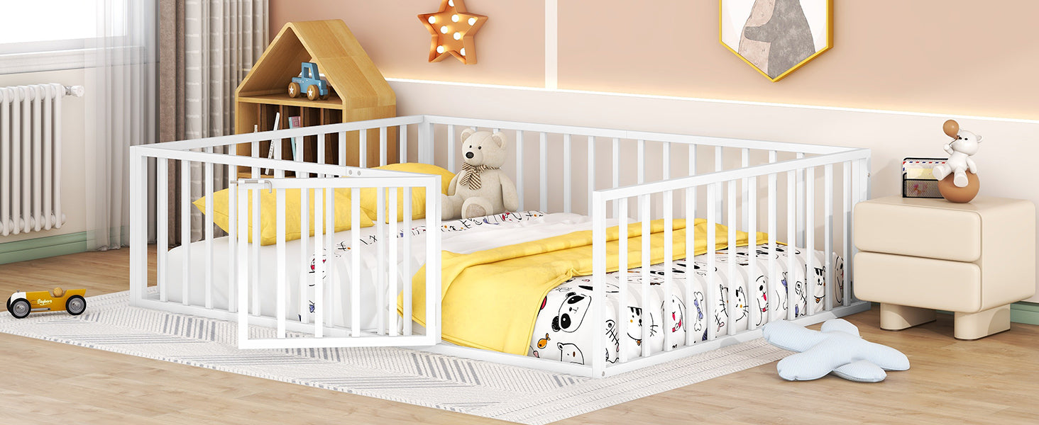 Queen Size Metal Floor Bed Frame With Fence And Door, White White Metal