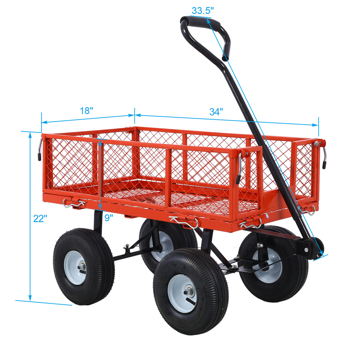 Steel Garden Cart, Steel Mesh Removable Sides, 3 Cu Ft, 550 Lb Capacity, Red Red Steel