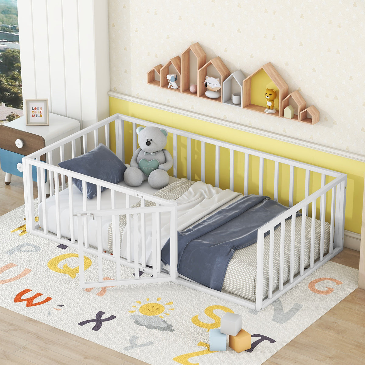 Twin Size Metal Floor Bed Frame With Fence And Door, White White Metal