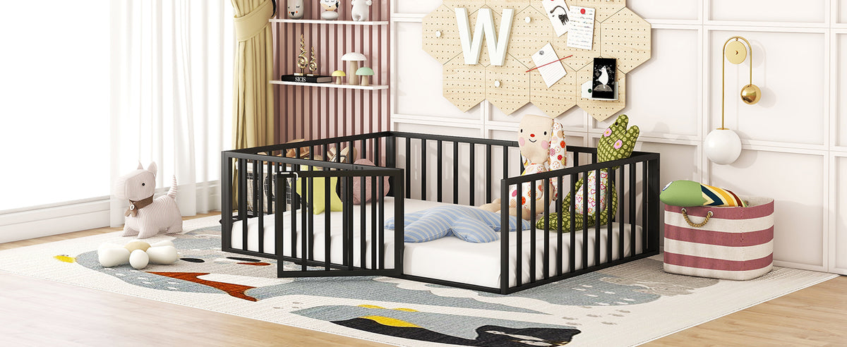 Full Size Metal Floor Bed Frame With Fence And Door, Black Black Metal
