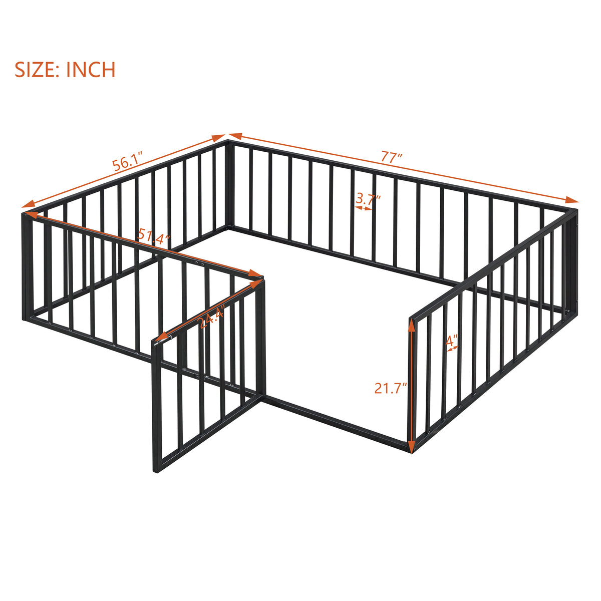 Full Size Metal Floor Bed Frame With Fence And Door, Black Black Metal