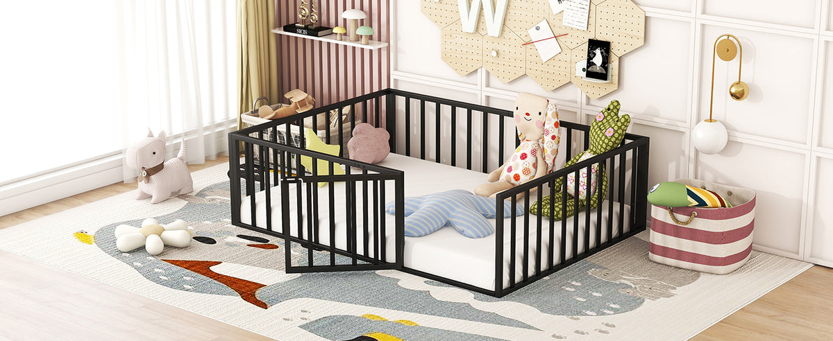 Full Size Metal Floor Bed Frame With Fence And Door, Black Black Metal