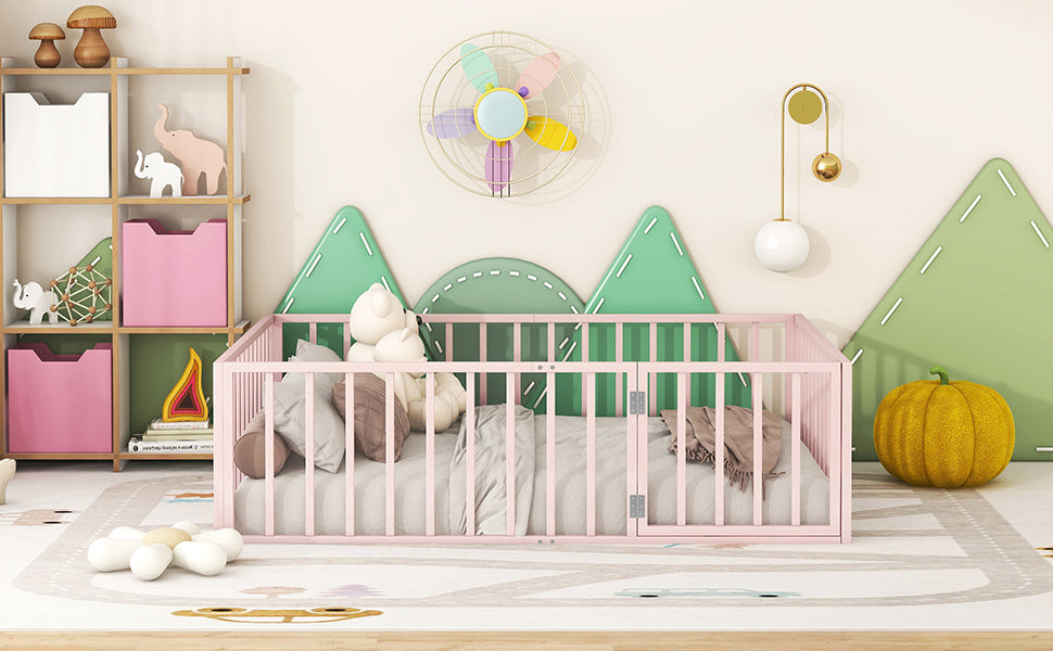Full Size Metal Floor Bed Frame With Fence And Door, Pink Pink Metal