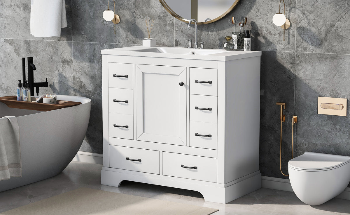 36" Bathroom Vanity With Sink Combo, Six Drawers, Multi Functional Drawer Divider, Adjustable Shelf, White Old Sku:Sy999808Aak White Solid Wood Mdf