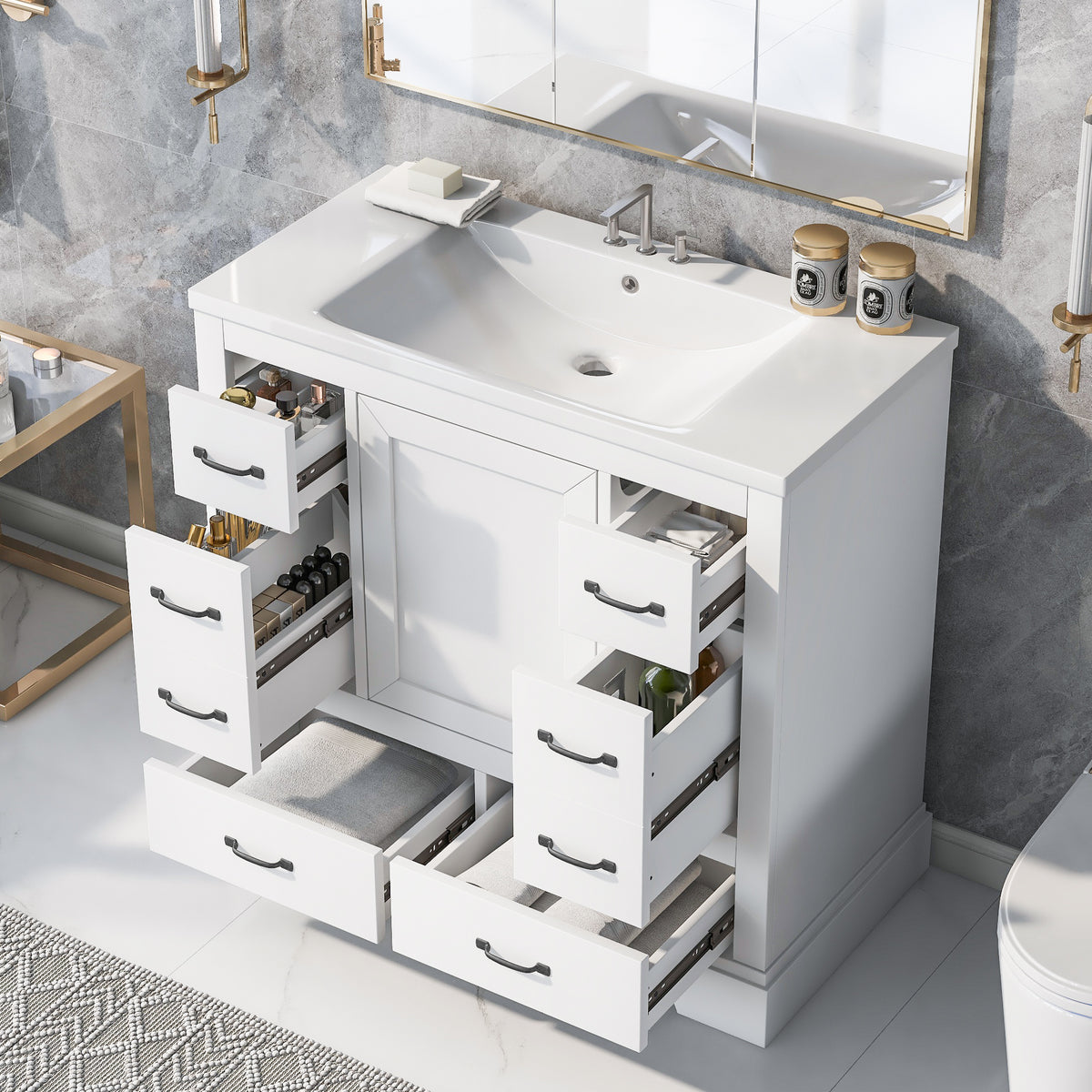 36" Bathroom Vanity With Sink Combo, Six Drawers, Multi Functional Drawer Divider, Adjustable Shelf, White Old Sku:Sy999808Aak White Solid Wood Mdf
