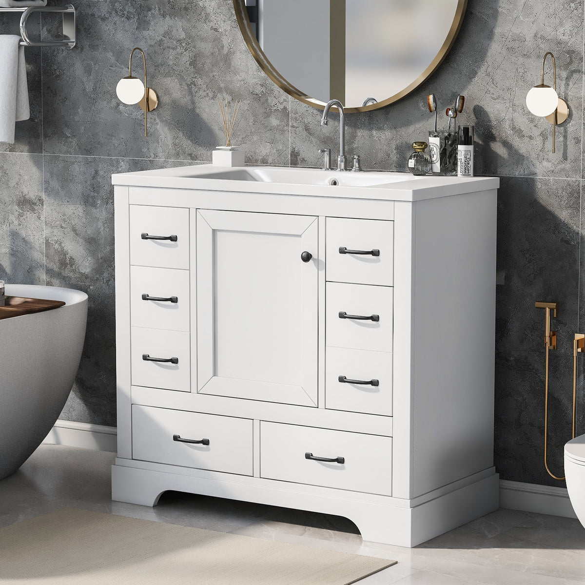 36" Bathroom Vanity With Sink Combo, Six Drawers, Multi Functional Drawer Divider, Adjustable Shelf, White Old Sku:Sy999808Aak White Solid Wood Mdf