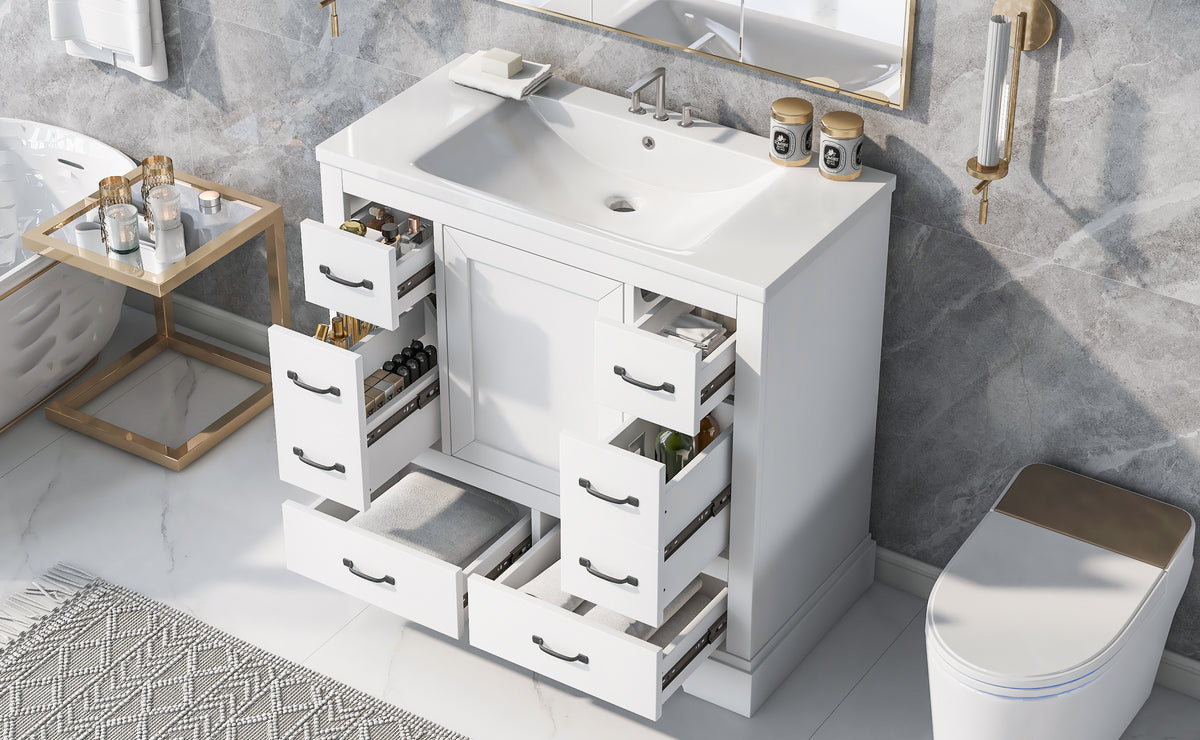 36" Bathroom Vanity With Sink Combo, Six Drawers, Multi Functional Drawer Divider, Adjustable Shelf, White Old Sku:Sy999808Aak White Solid Wood Mdf