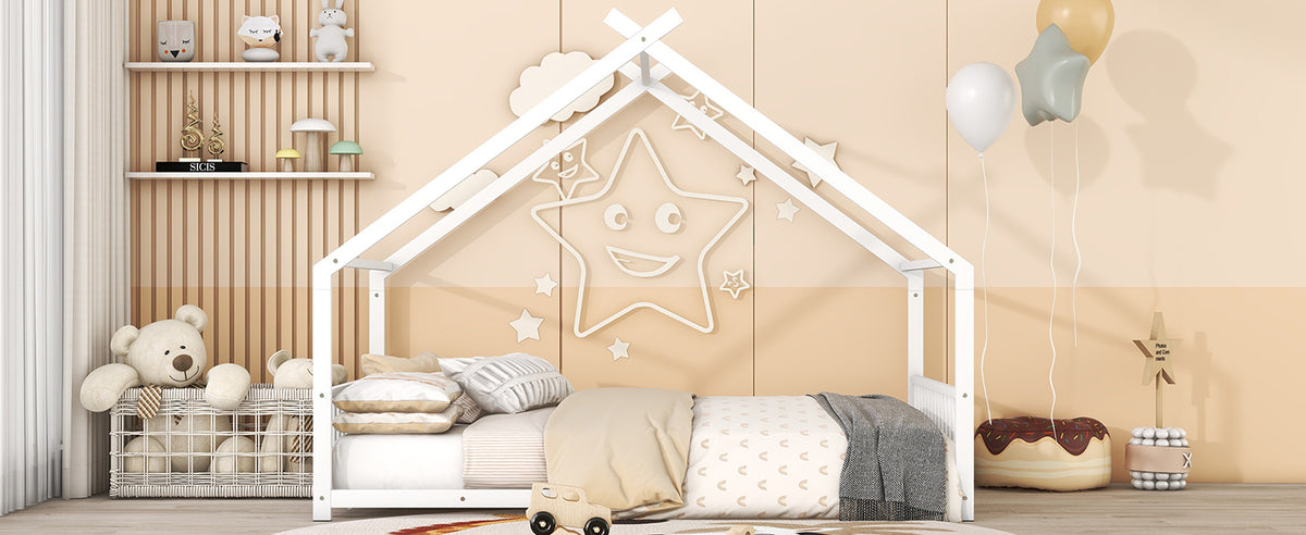Full Size Metal House Bed, White White Metal