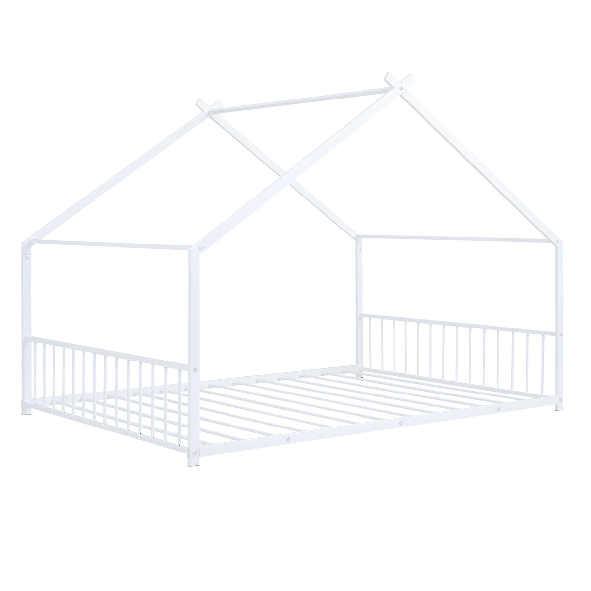 Full Size Metal House Bed, White White Metal