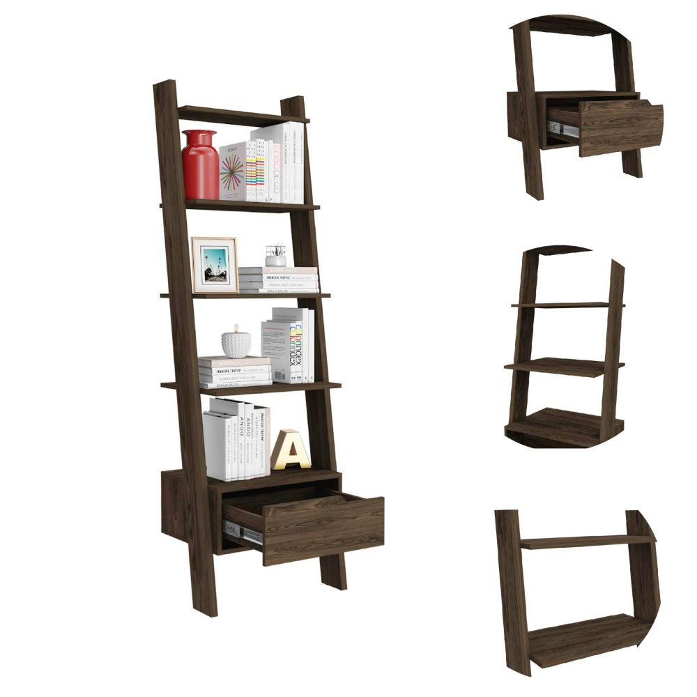 Ladder Bookcase Bull, One Drawer, Five Open Shelves, Dark Walnut Finish Walnut Particle Board