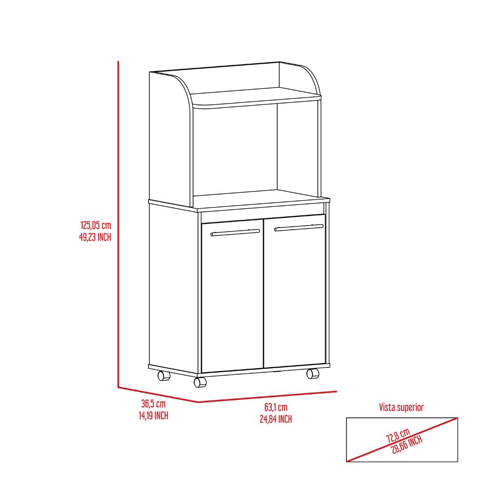 Kitchen Cart Totti, Double Door Cabinet, One Open Shelf, Two Interior Shelves, White Finish White Particle Board