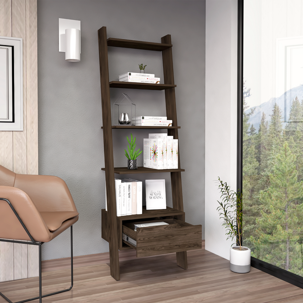 Ladder Bookcase Bull, One Drawer, Five Open Shelves, Dark Walnut Finish Walnut Particle Board