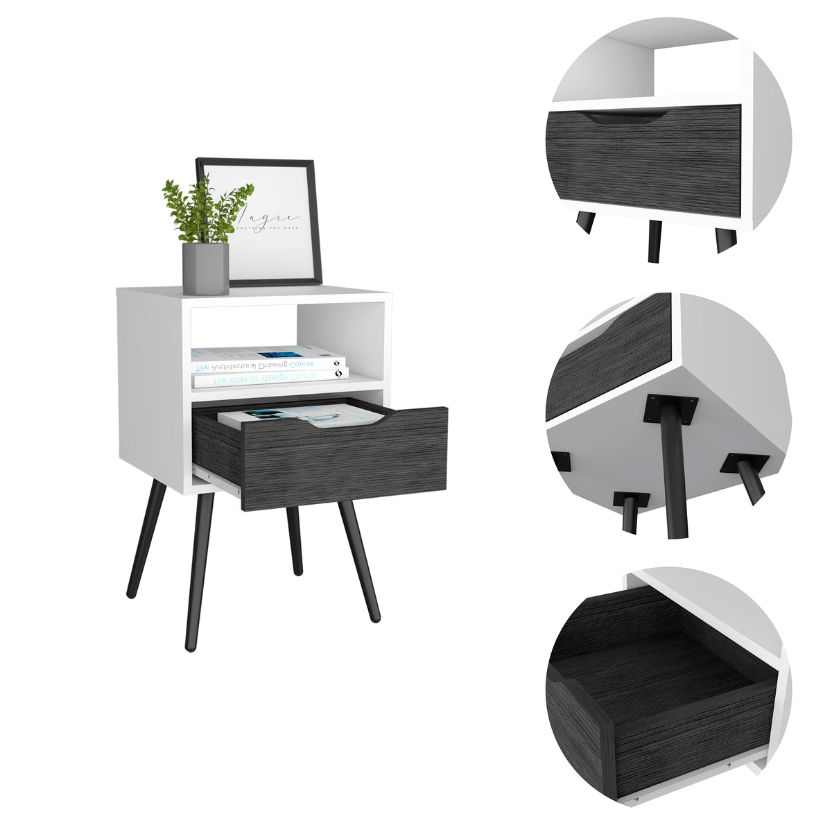 Nightstand Fugaz, Open Shelf, Single Drawer, Smokey Oak White Finish Multicolor Particle Board
