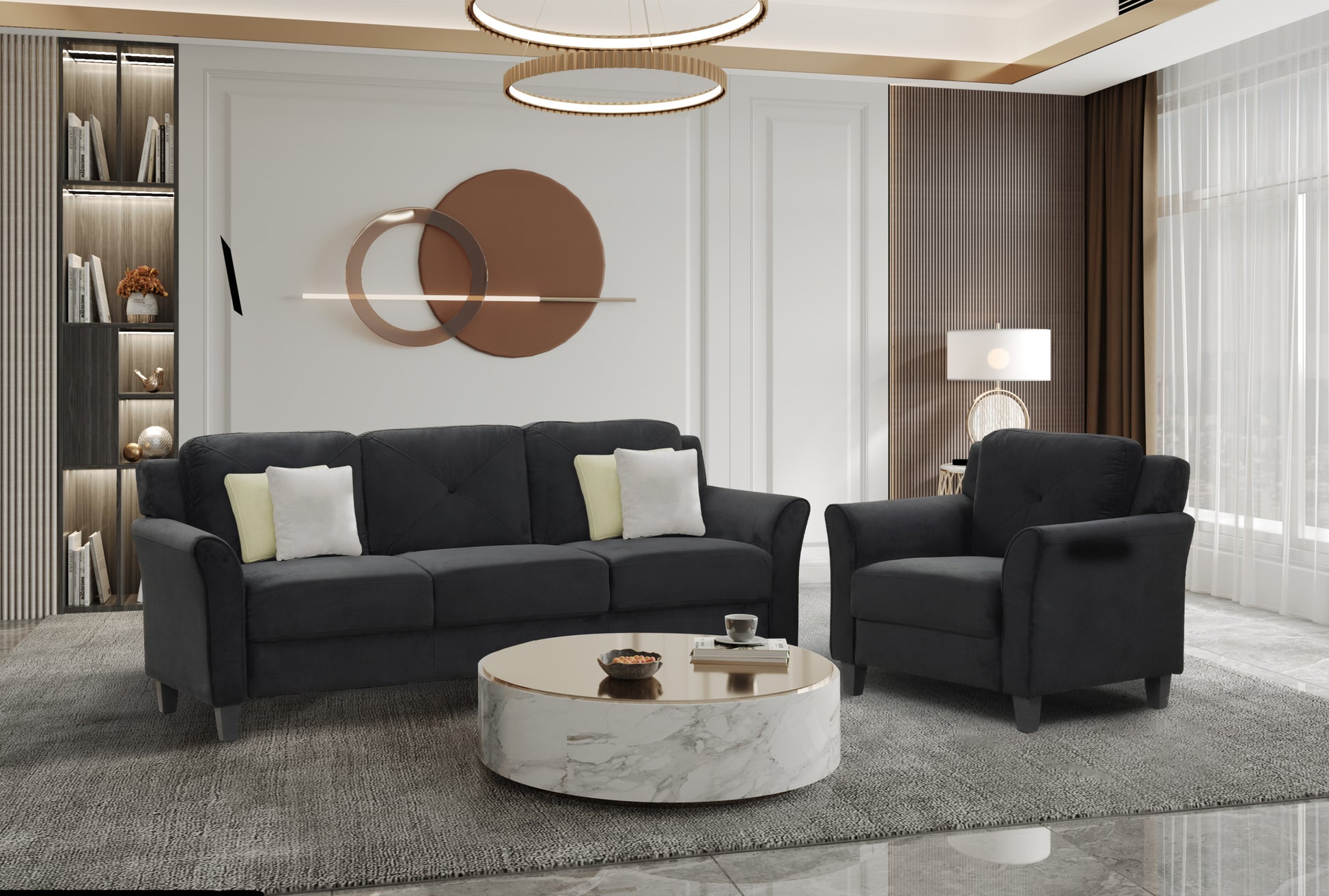 Fashionable Living Room Sofa Single Seat, Black Fabric Antique Black Gray Velvet Wood Primary Living Space Soft American Traditional,Casual Rubberwood Memory Foam And Polyurethane Foam Polyester 1 Seat