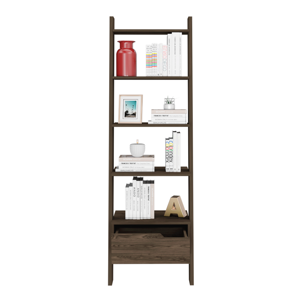 Ladder Bookcase Bull, One Drawer, Five Open Shelves, Dark Walnut Finish Walnut Particle Board