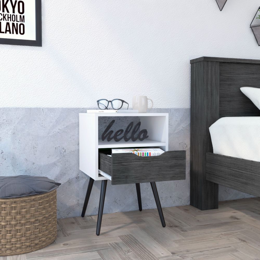 Nightstand Fugaz, Open Shelf, Single Drawer, Smokey Oak White Finish Multicolor Particle Board