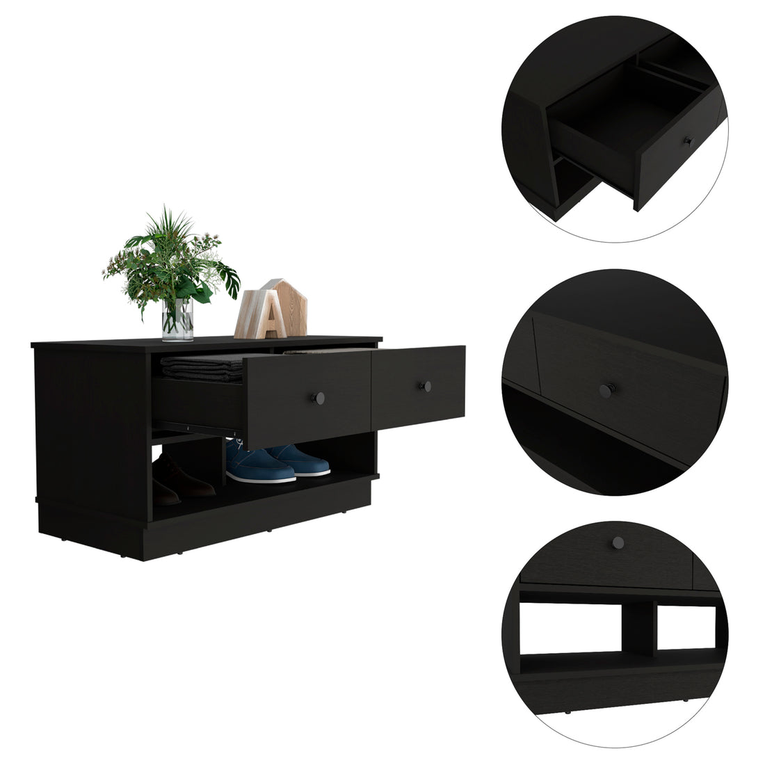 Storage Bench Beji, Lower Shelf, Two Drawers, Black Wengue Finish Black Particle Board