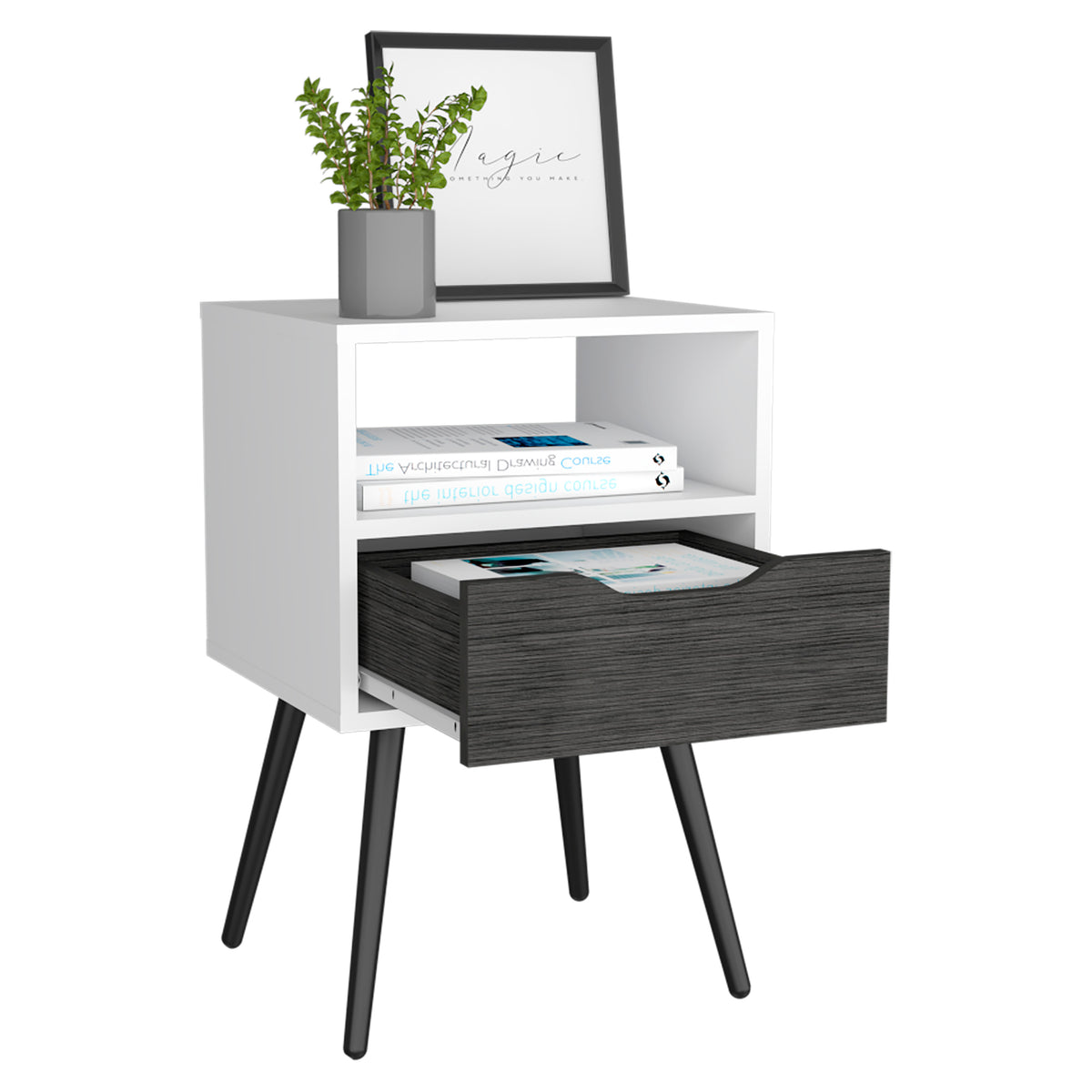 Nightstand Fugaz, Open Shelf, Single Drawer, Smokey Oak White Finish Multicolor Particle Board