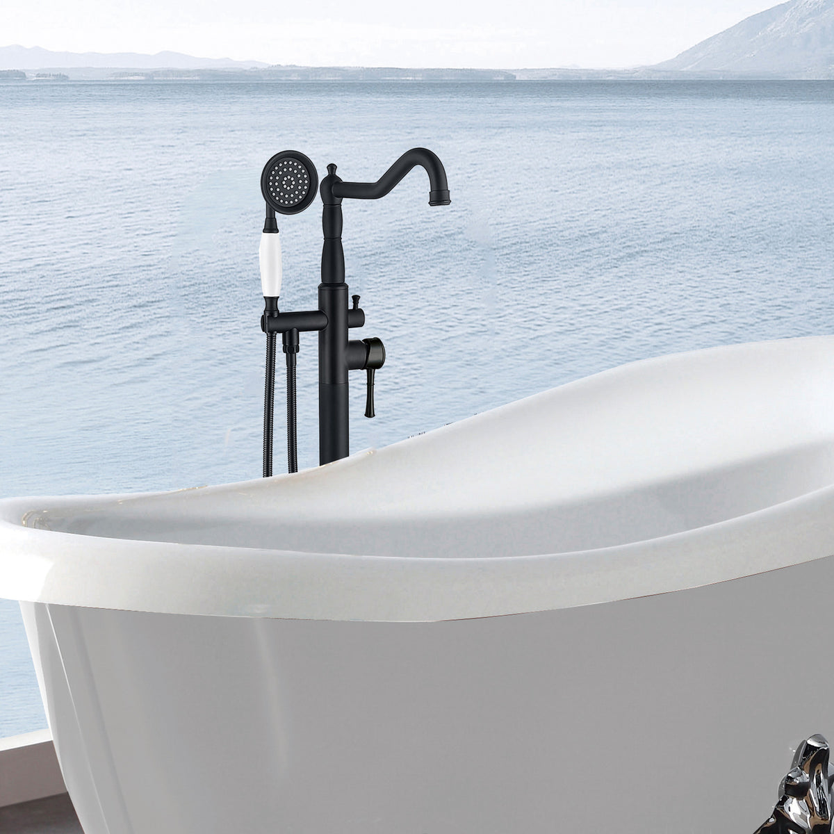 Freestanding Bathtub Faucet With Hand Shower Matte Black Metal