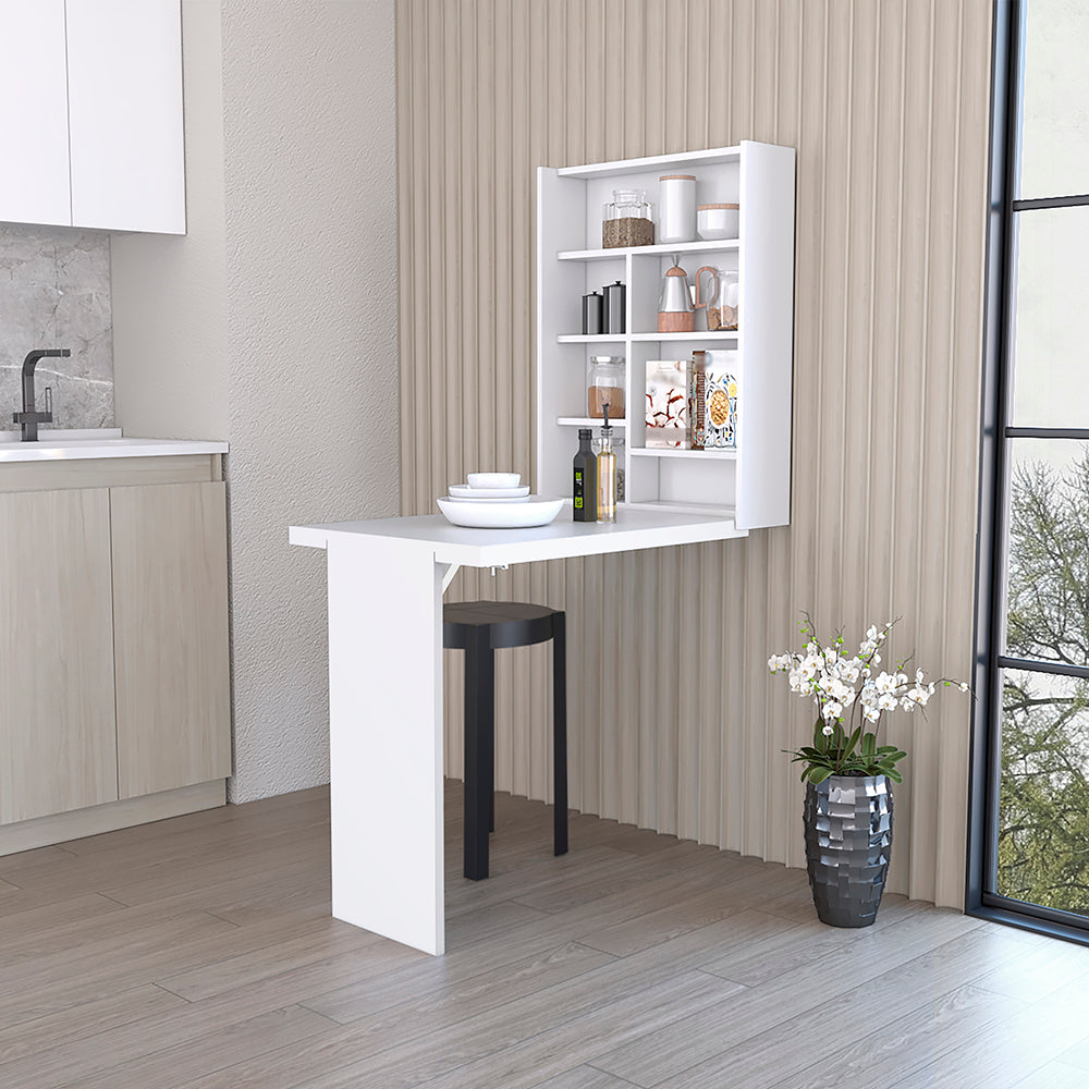 Foldable Table Tacoma, Seven Interior Shelves, White Finish White Particle Board