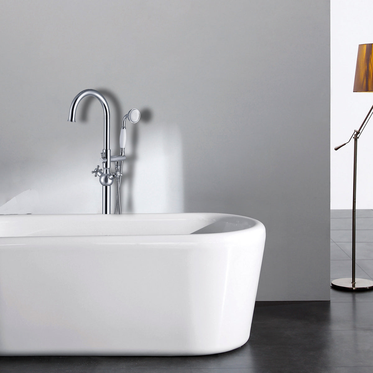 Freestanding Bathtub Faucet With Hand Shower Chrome Metal