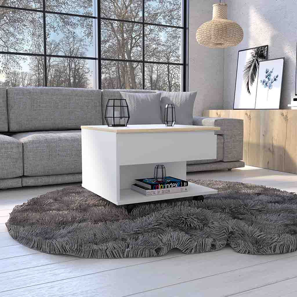 Lift Top Coffee Table Mercuri, Casters, White Light Oak Finish White Light Oak Particle Board