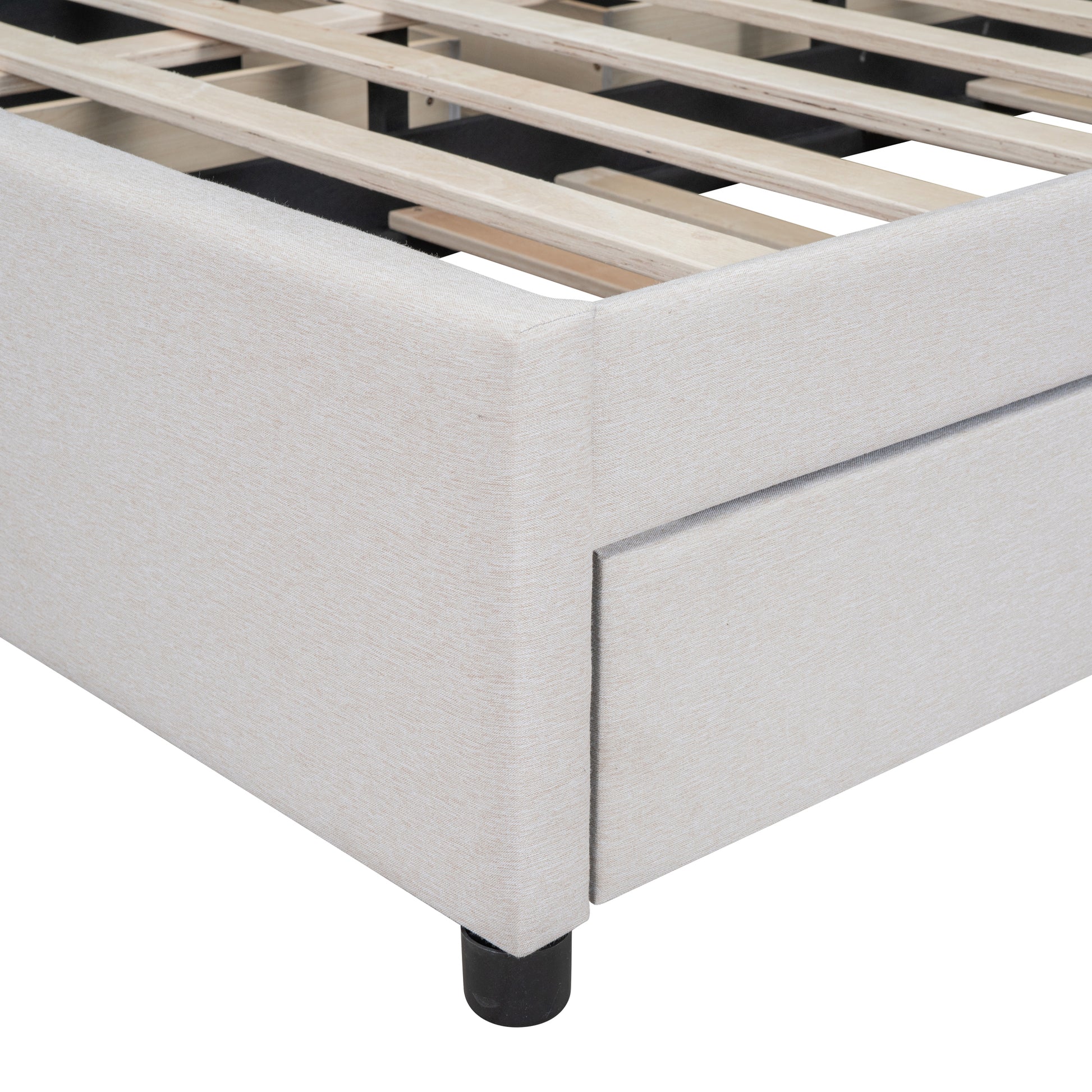 Queen Size Upholstered Platform Bed With 2 Drawers And 1 Twin Xl Trundle, Classic Headboard Design, Beige Beige Linen