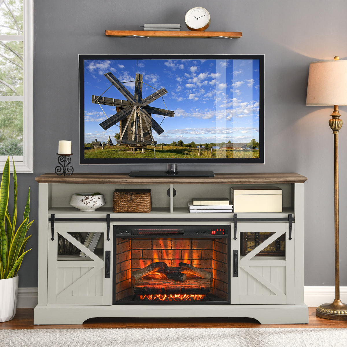 60 Inch Electric Fireplace Entertainment Center With Door Sensor Jasmine White Color Powder Coated Electric Jasmine White Vent Free Yes Insert Wood Stainless Steel Glass Electric