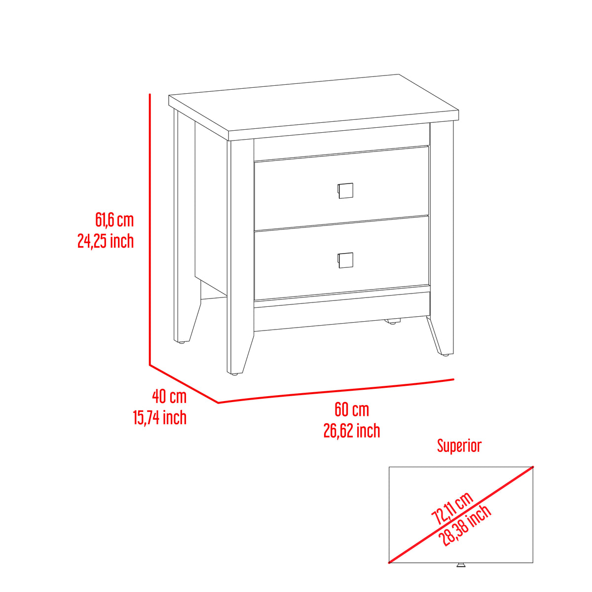Nightstand More, Two Shelves, Four Legs, White Finish White Particle Board