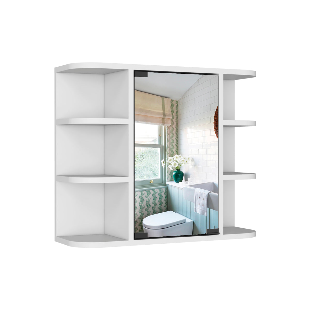 Medicine Cabinet Milano, Six External Shelves Mirror, White Finish White Particle Board