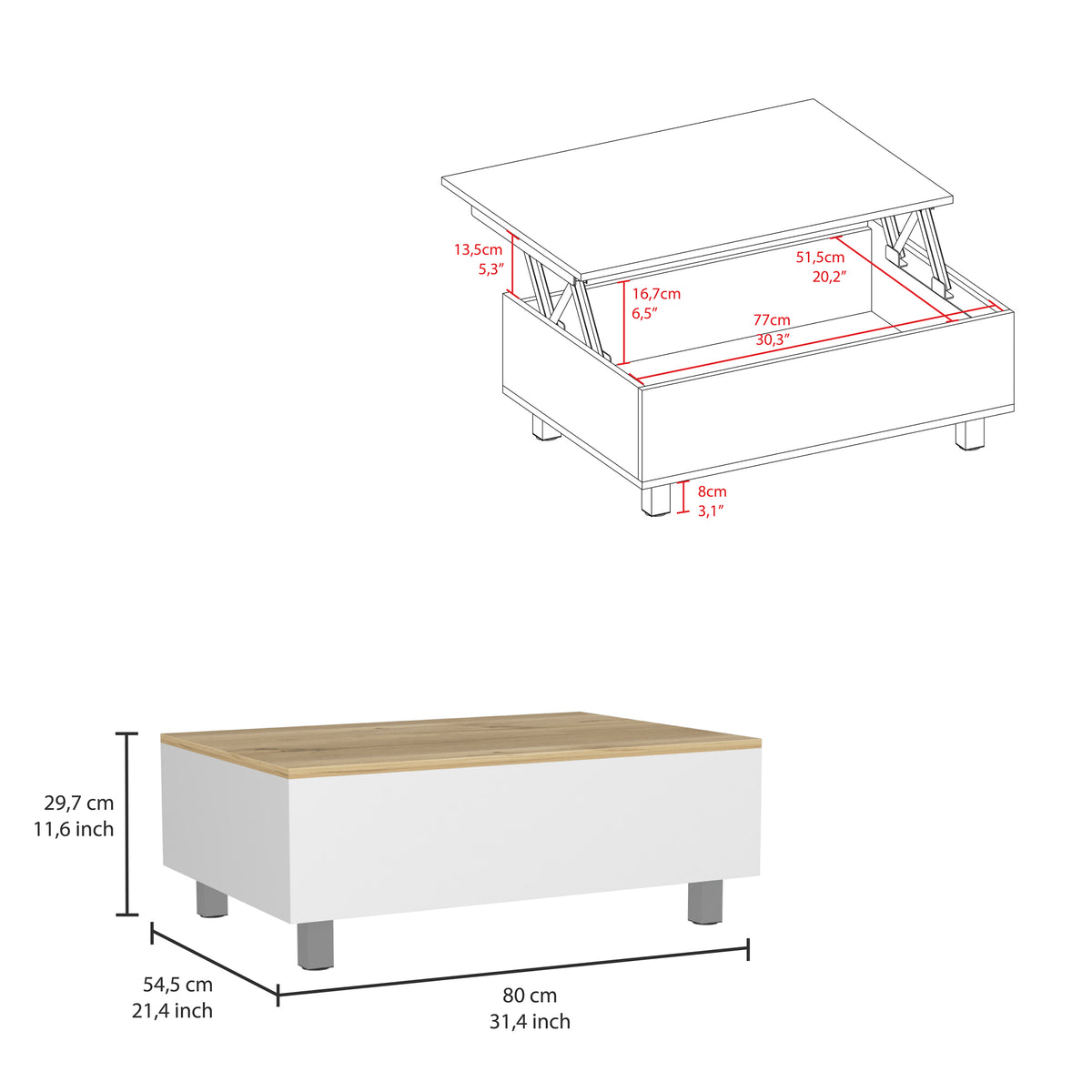 Lift Top Coffee Annapolis, Storage Compartment, White Light Oak Finish White Light Oak Particle Board