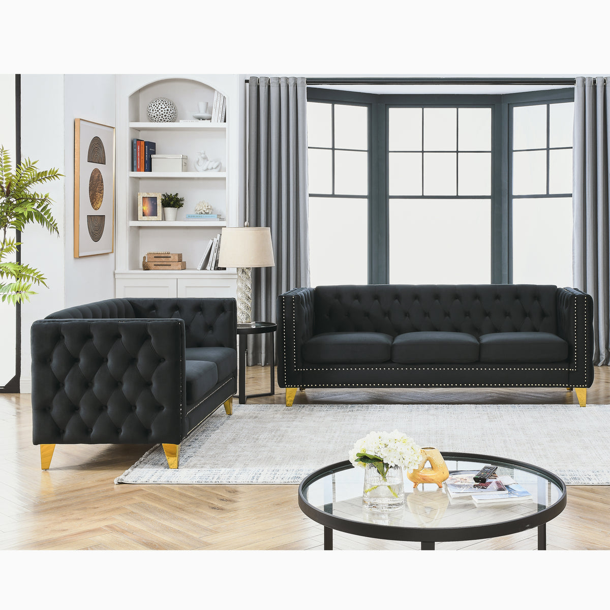 3 Seater 2 Seater Combination Sofa.Black Velvet Black Foam Velvet