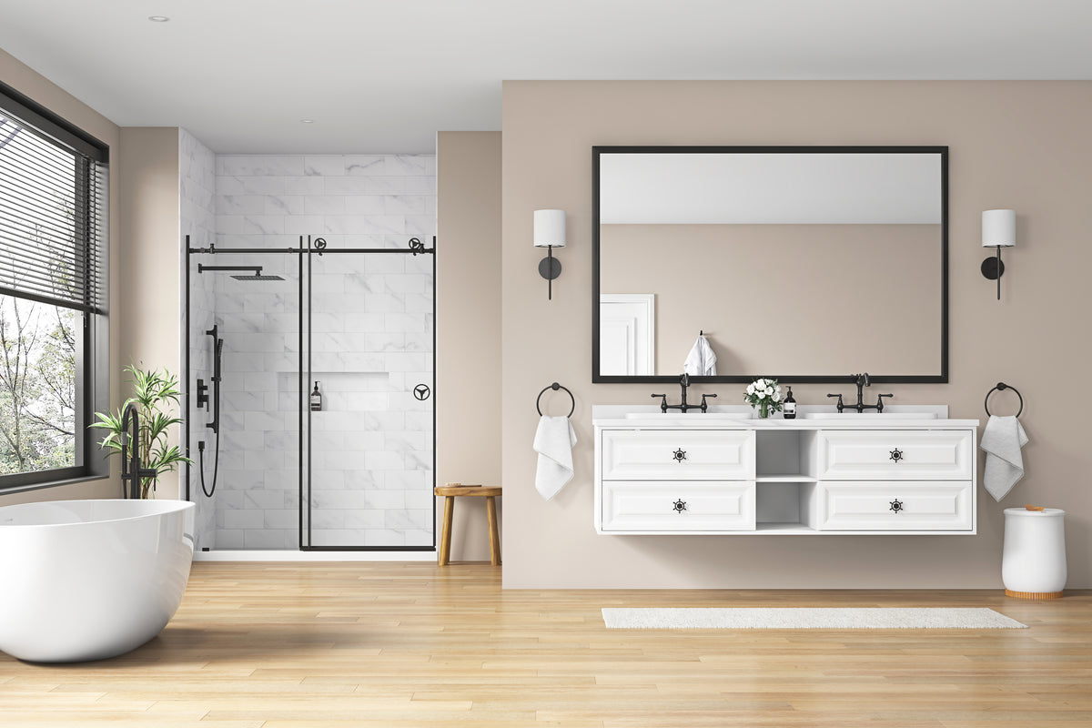 72In. W X 48In. H Metal Framed Bathroom Mirror For Wall, Rectangle Mirror, Bathroom Vanity Mirror Farmhouse, Anti Rust, Hangs Horizontally Or Vertiy Matte Black Aluminium