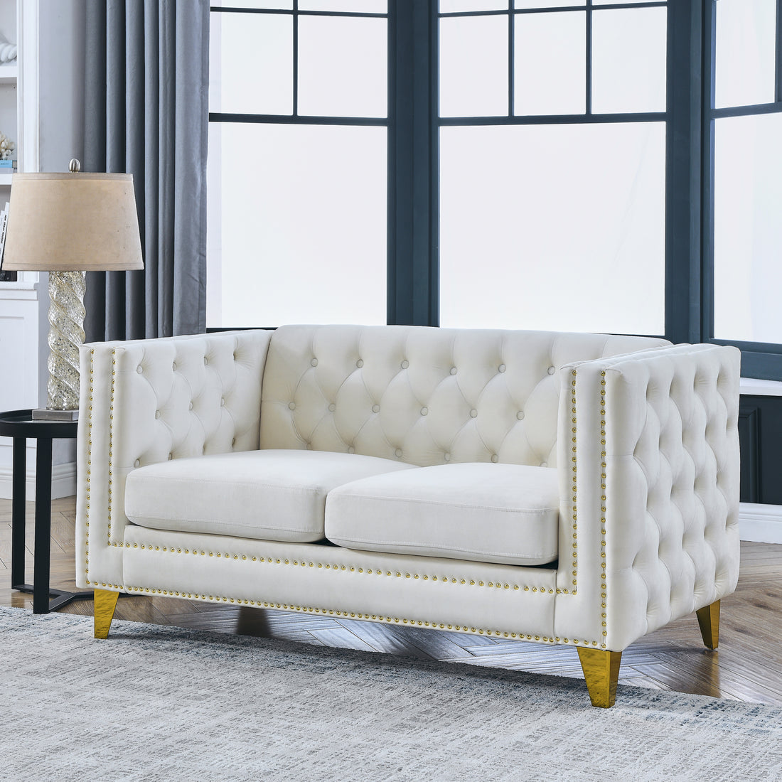 Contact Us For 3D Modeling Velvet Sofa For Living Room,Buttons Tufted Square Arm Couch, Modern Couch Upholstered Button And Metal Legs, Sofa Couch For Bedroom, Beige Velvet 2S W834S00052 Beige Foam Velvet