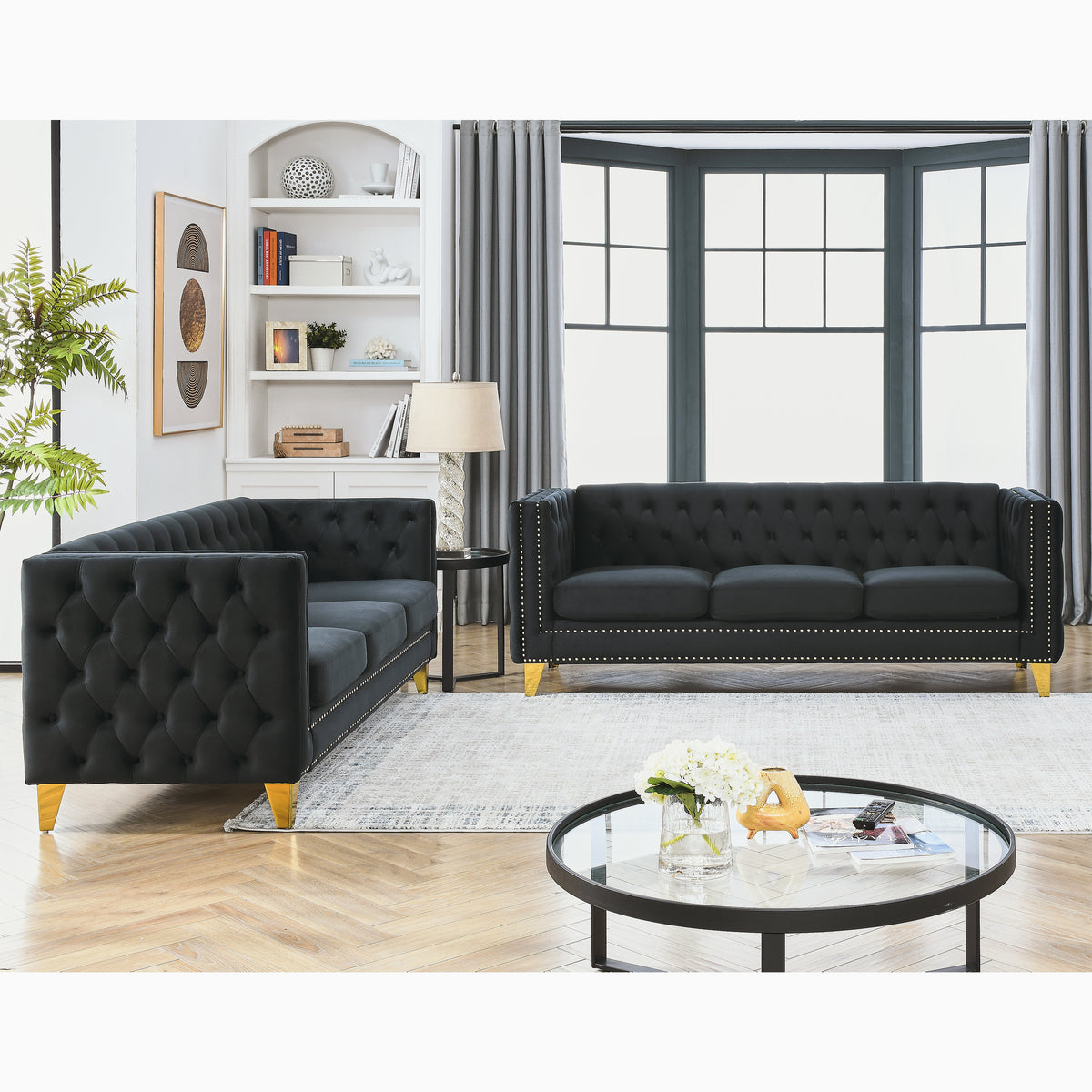 Contact Us For 3D Modeling Velvet Sofa For Living Room,Buttons Tufted Square Arm Couch, Modern Couch Upholstered Button And Metal Legs, Sofa Couch For Bedroom, Black Velvet ,2Pcs Black Foam Velvet