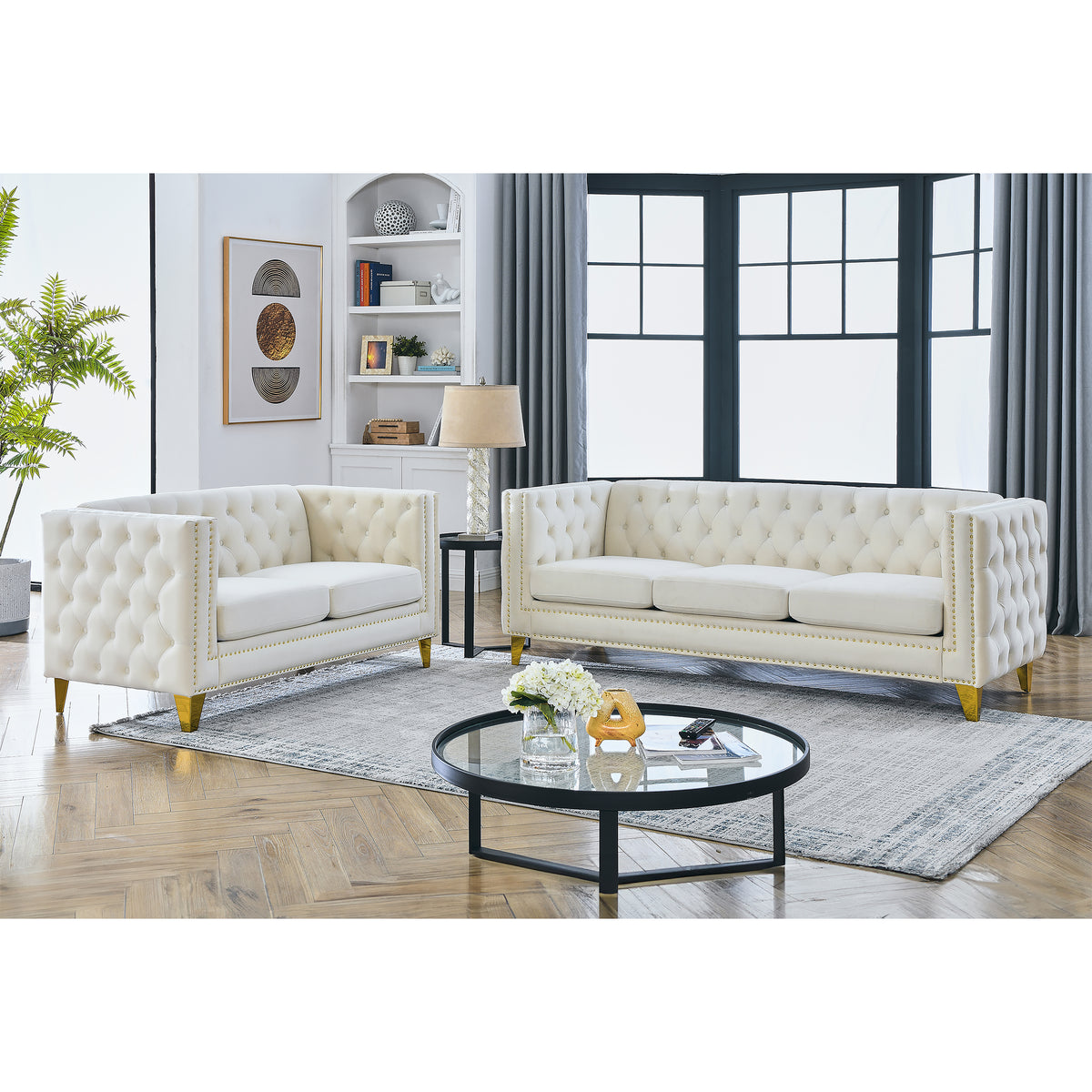 3 Seater 2 Seater Combination Sofa.Beige Velvet Beige Foam Velvet