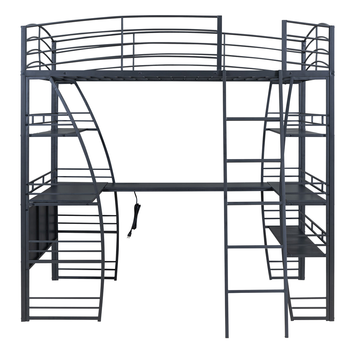Full Size Loft Bed With 4 Layers Of Shelves And L Shaped Desk, Stylish Metal Frame Bed With A Set Of Sockets, Usb Ports And Wireless Charging, Black Black Metal
