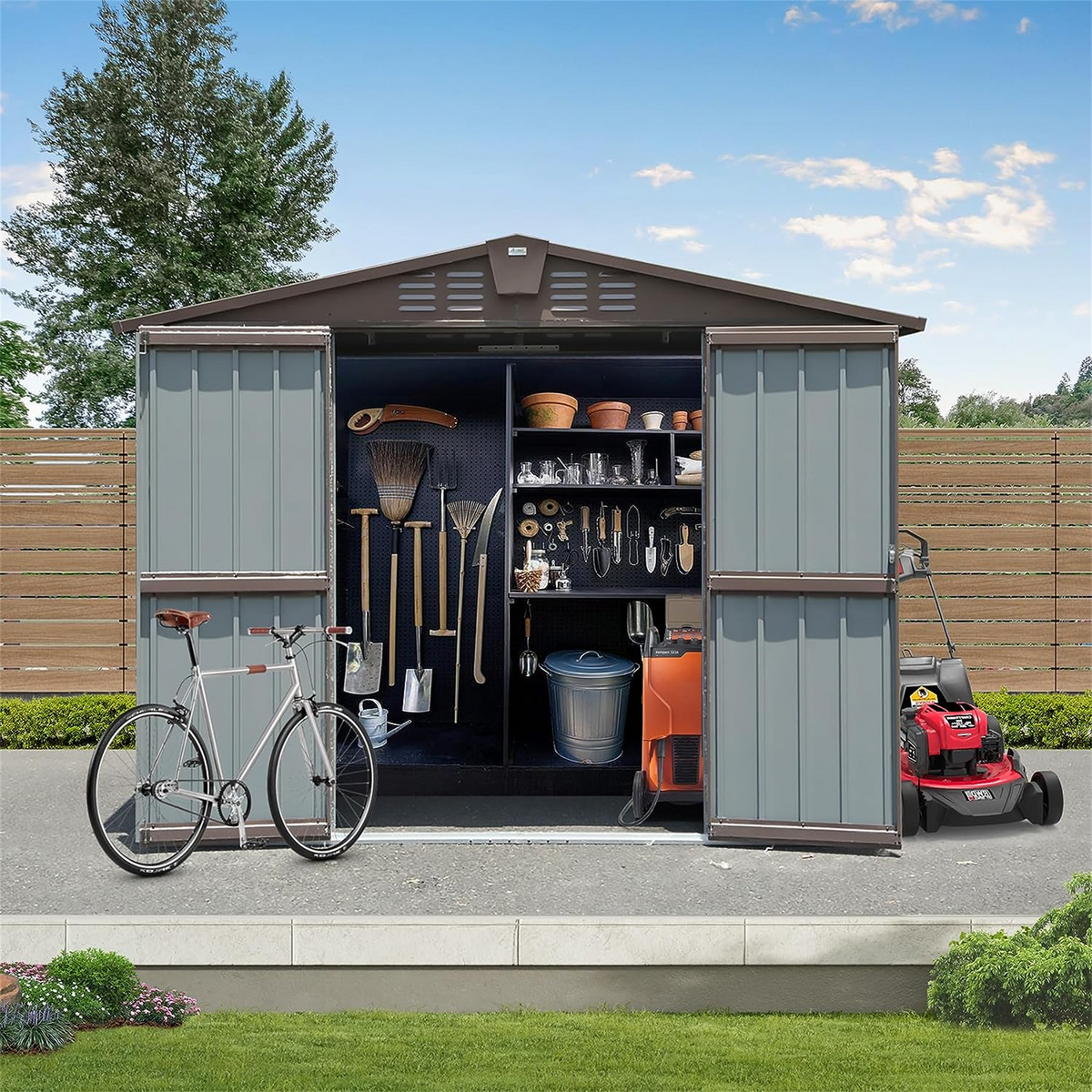 Outdoor Storage Shed 8.2' X 6.2', Metal Steel Utility Tool Shed Storage House With Double Lockable Doors & Air Vents For Backyard Patio Garden Lawn Brown Brown Metal