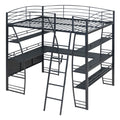 Full Size Loft Bed With 4 Layers Of Shelves And L Shaped Desk, Stylish Metal Frame Bed With A Set Of Sockets, Usb Ports And Wireless Charging, Black Black Metal